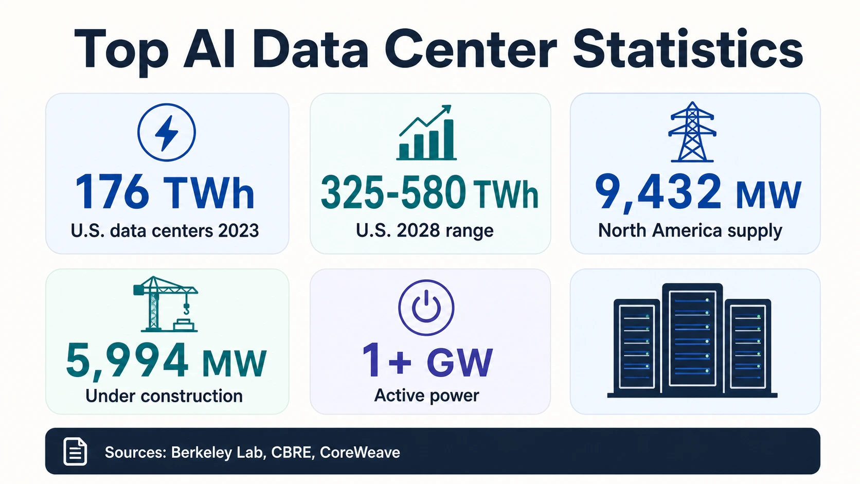 Infografica Bento che mostra cinque metriche principali dei data center AI: elettricità negli Stati Uniti, intervallo 2028 negli Stati Uniti, offerta in Nord America, capacità in costruzione e potenza attiva.