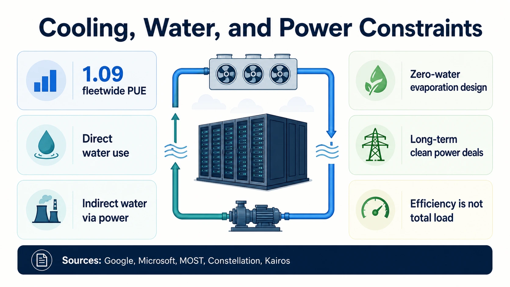 Infografica del circuito di raffreddamento con schede per PUE di Google, uso diretto dell'acqua, acqua indiretta tramite energia, design di evaporazione a zero acqua e accordi di energia pulita.