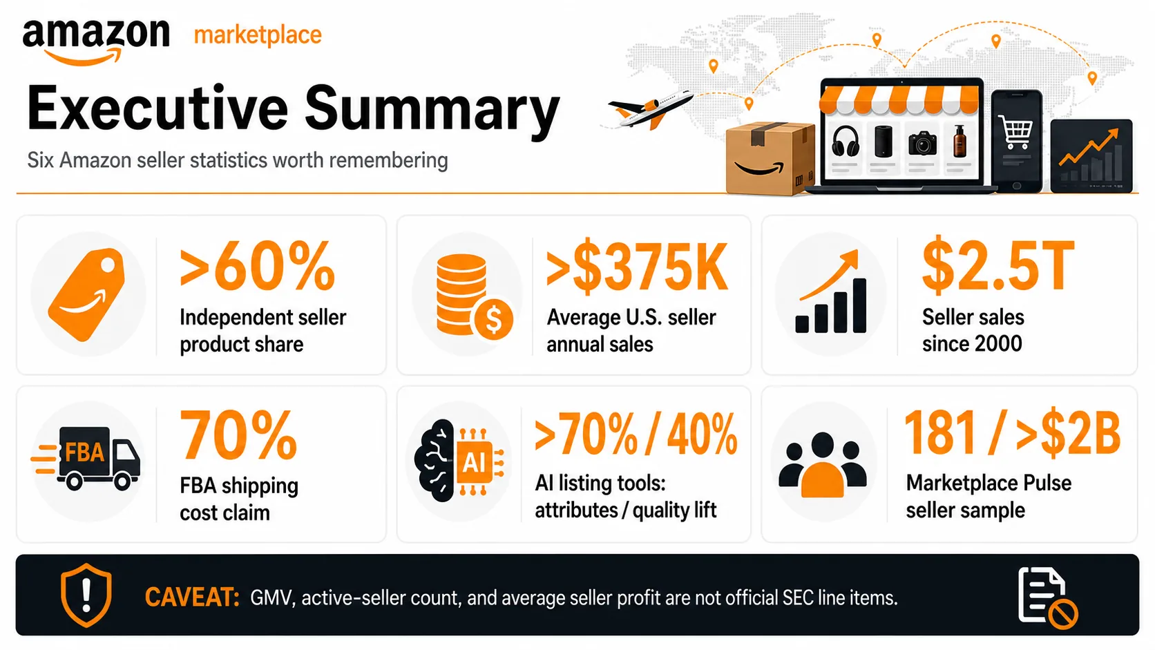 Infografica del riepilogo esecutivo delle principali statistiche e avvertenze dei venditori Amazon