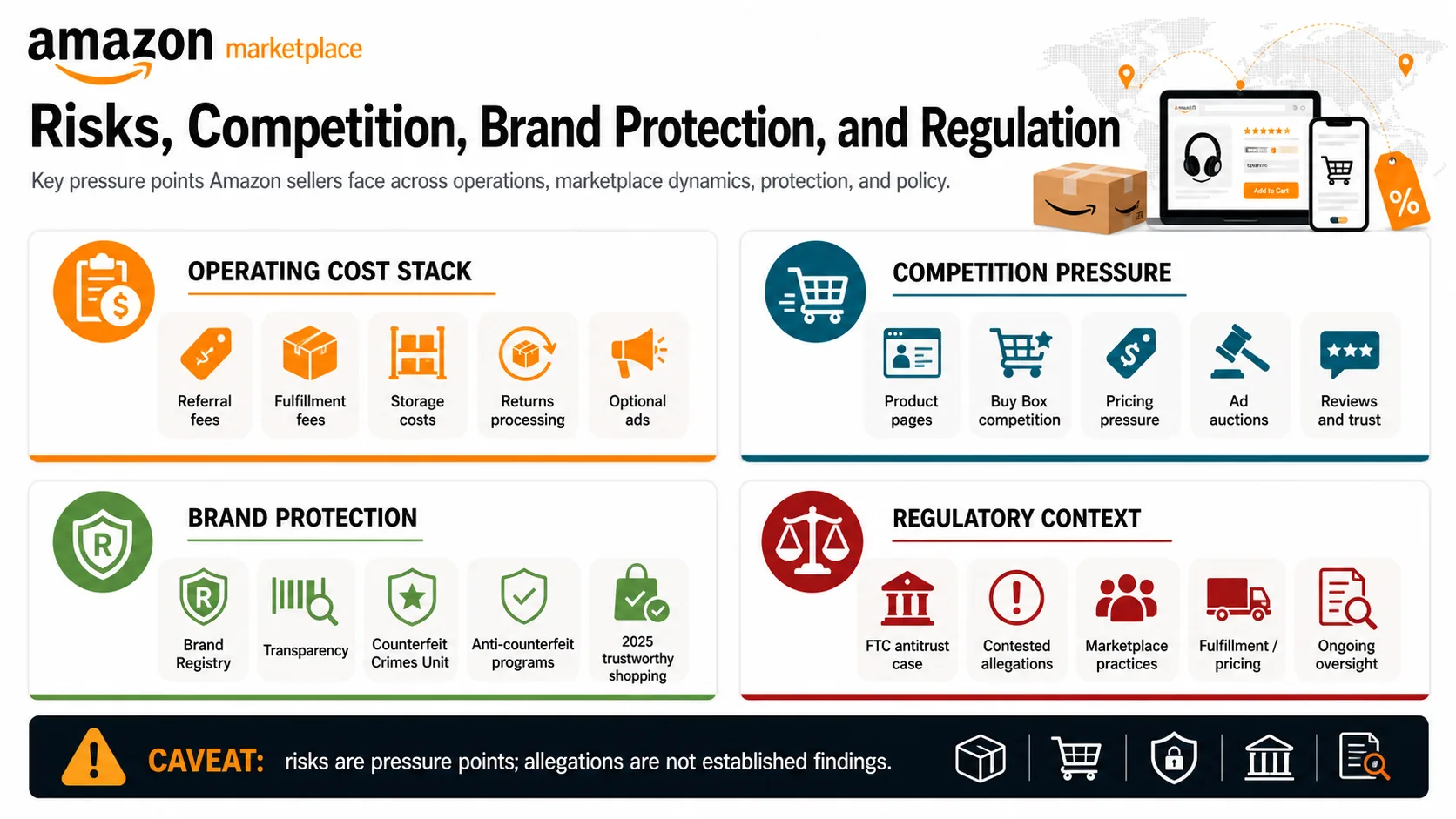 Infografica sui rischi dei venditori Amazon che copre lo stack dei costi operativi, la pressione della concorrenza, i programmi di protezione del marchio e il contesto normativo