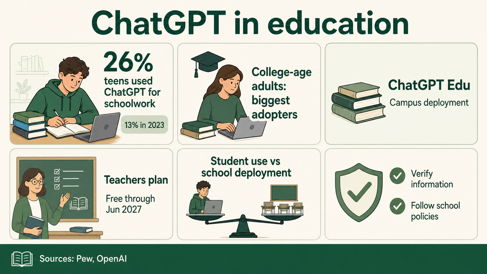 Infographic over onderwijsadoptie met gebruik door tieners voor schoolwerk, basislijn 2023, signaal van adoptie door studenten, ChatGPT Edu, docentenplan en beleidsherinneringen.